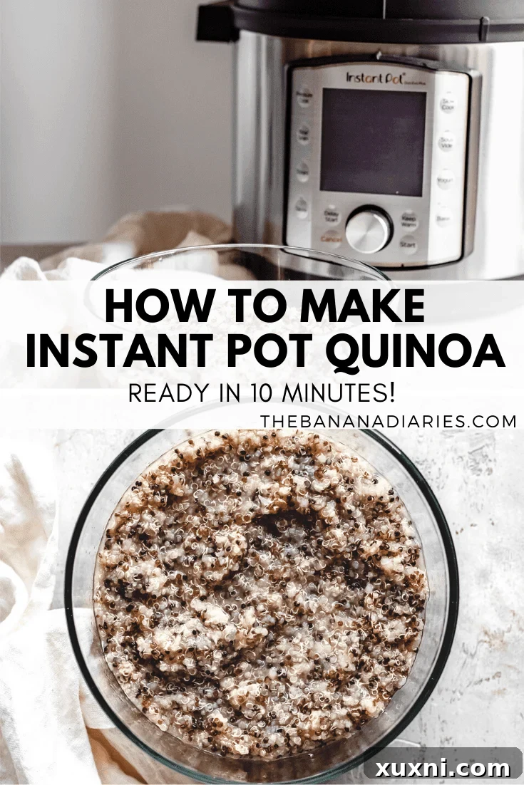 Pinterest graphic featuring a bowl of Instant Pot quinoa, perfect for meal prepping.