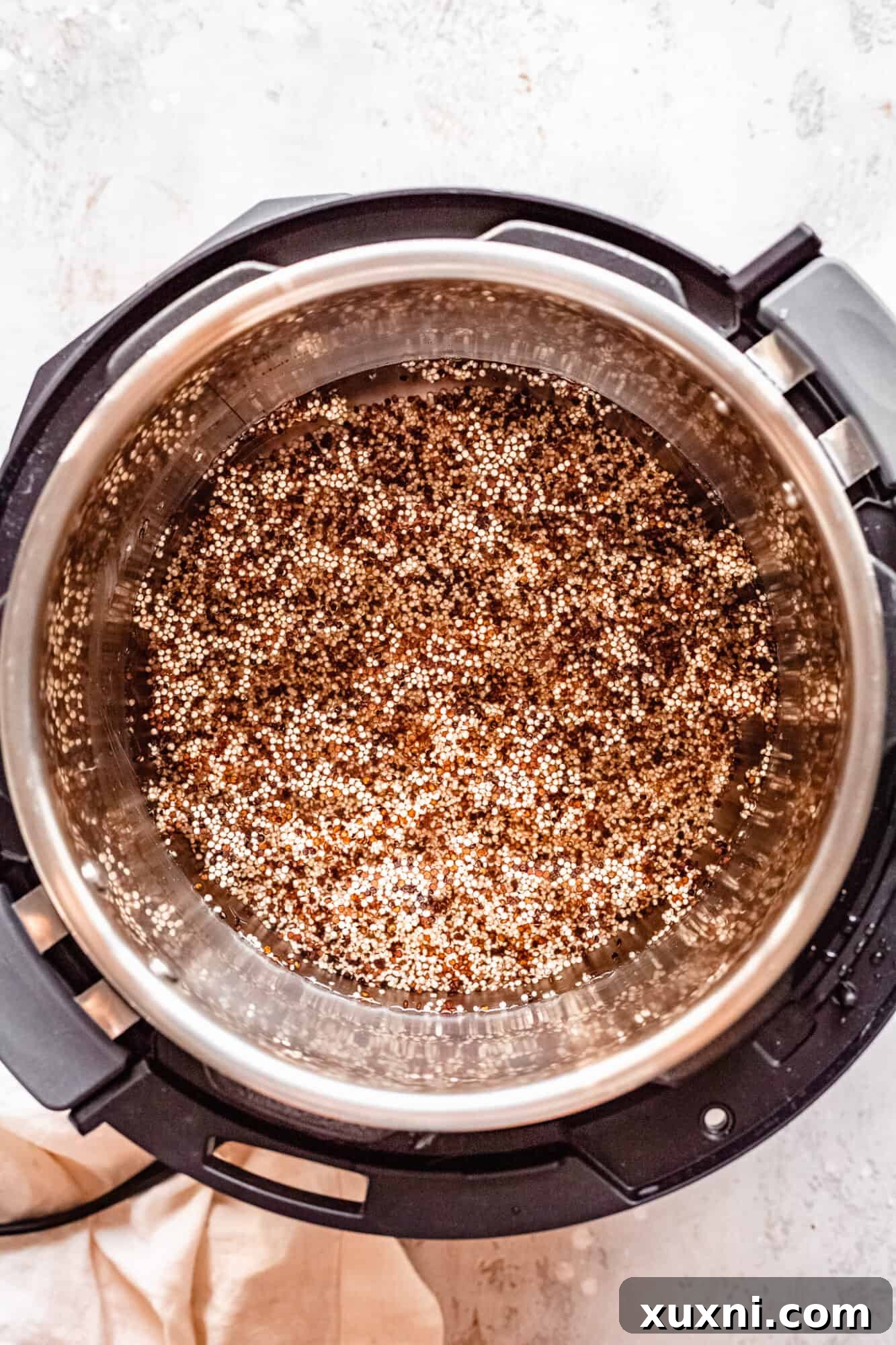 Close-up of the Instant Pot containing quinoa, water, and coconut oil, ready to be sealed and cooked.