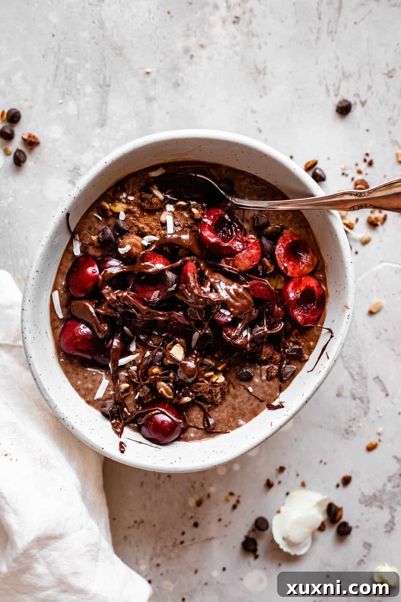 Rich chocolate cherry pudding topped with dark red cherries