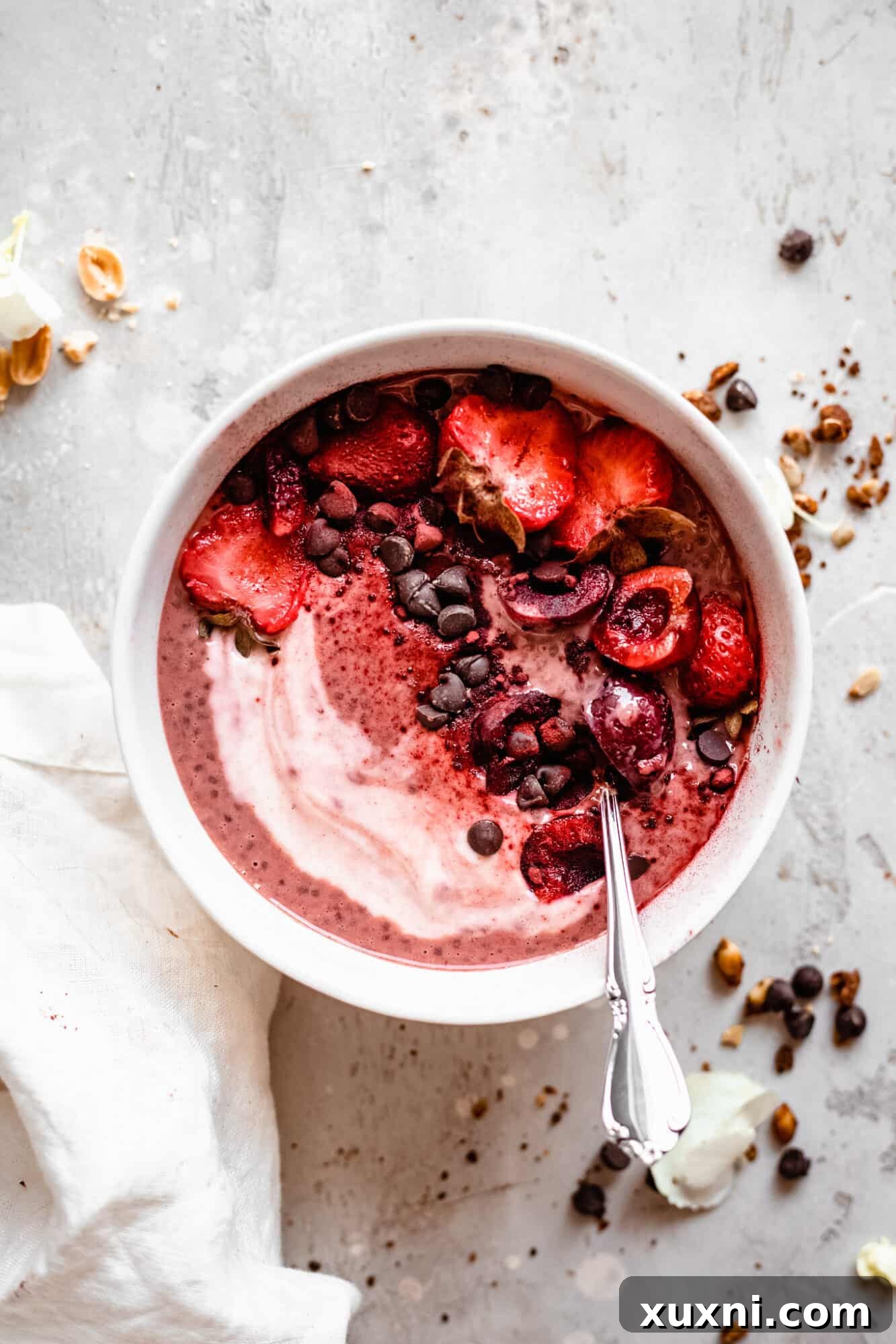 Beautiful bowl of red velvet chia pudding, vibrant and inviting