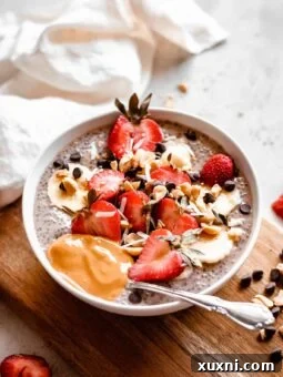 bowl of banana chia pudding on wooden board