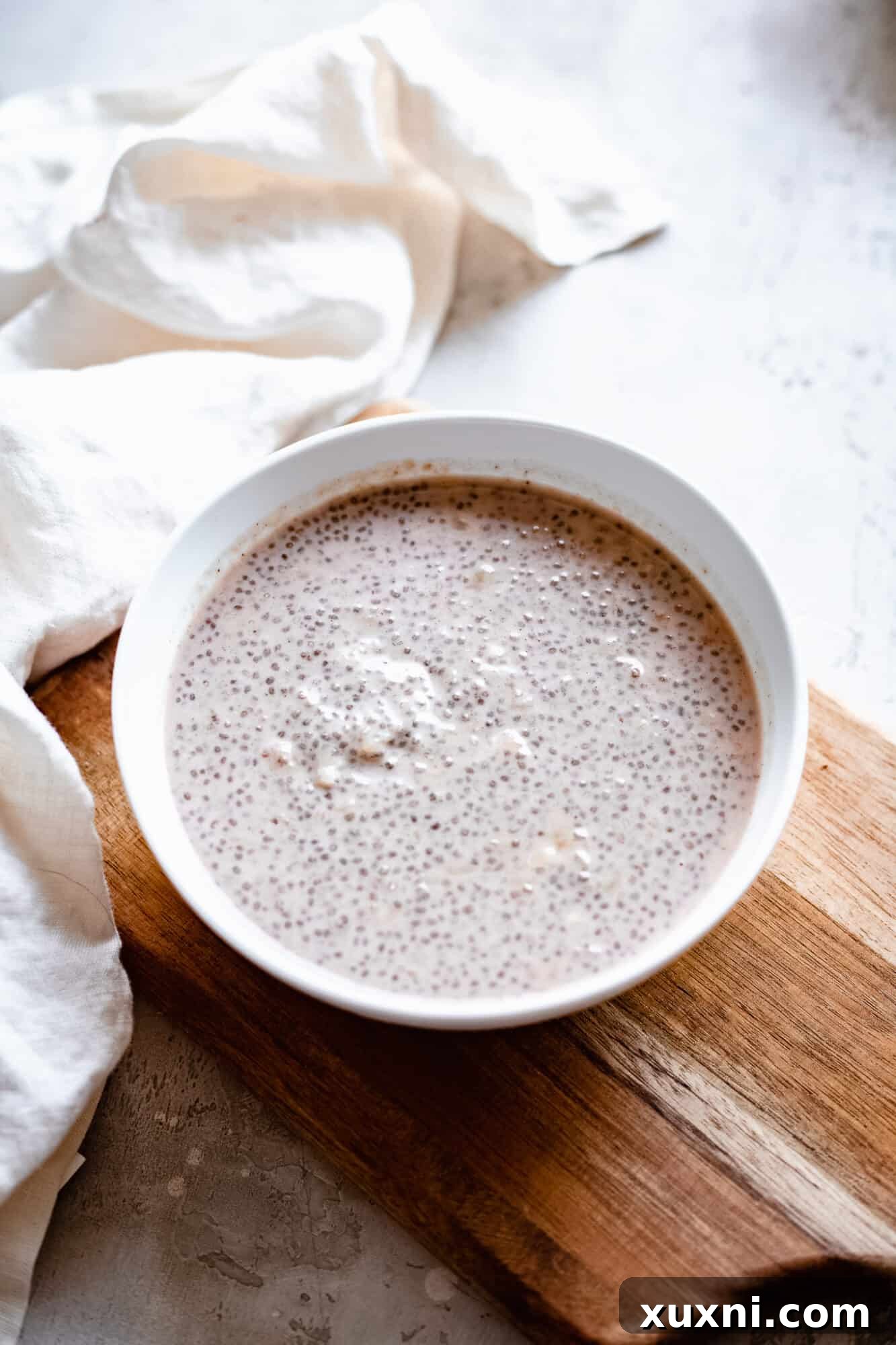 Simple bowl of plain protein chia pudding, showcasing its perfect texture