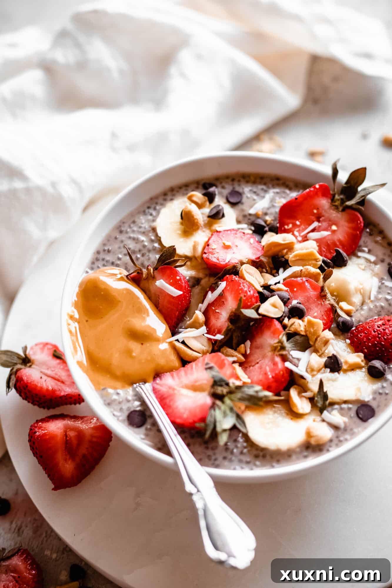 Close-up view of protein-packed chia pudding, highlighting its creamy texture