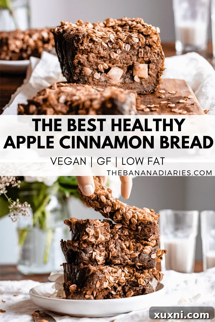 Pinterest optimized image for Healthy Vegan Apple Cinnamon Bread, featuring a delicious slice and key recipe highlights.