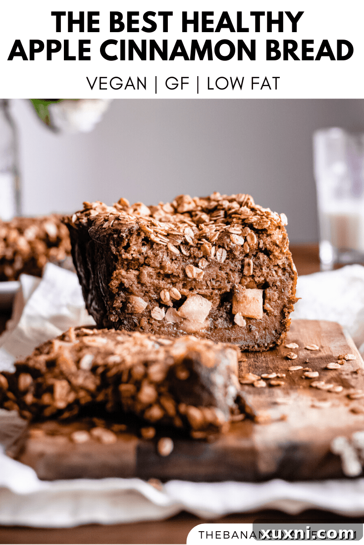 A third Pinterest-optimized image for Healthy Vegan Apple Cinnamon Bread, emphasizing its vegan, gluten-free friendly, low-fat, and low-sugar qualities.