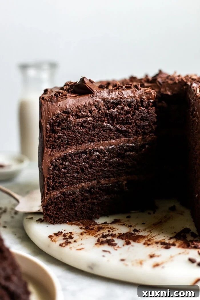 Unbelievably Moist Vegan Chocolate Cake Recipe Lasts Four Days 2 Sliced vegan chocolate cake on a pristine white plate, showcasing its moist layers and thick fudge frosting, ready to be enjoyed.