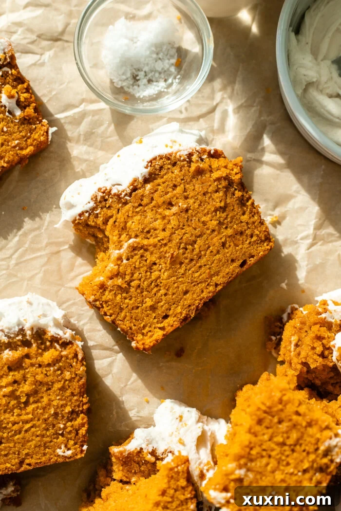 Incredibly Moist Vegan Pumpkin Bread Effortless One-Bowl Recipe 13 Another close-up of a bitten slice of vegan pumpkin bread, highlighting its airy yet moist crumb and the subtle spice notes.