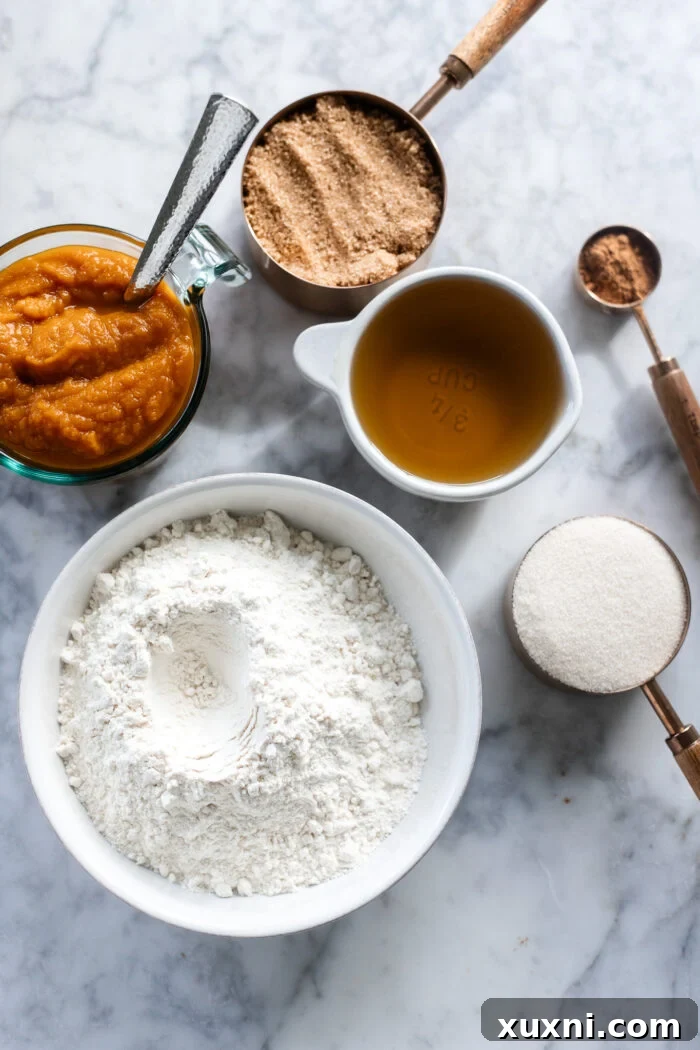 Incredibly Moist Vegan Pumpkin Bread Effortless One-Bowl Recipe 4 A selection of key ingredients for vegan pumpkin bread, including pumpkin puree, sugars, spices, and flour, laid out on a kitchen counter.