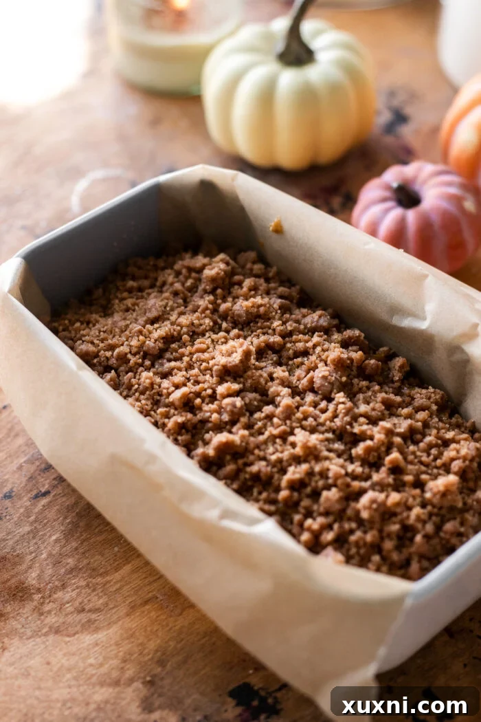 Incredibly Moist Vegan Pumpkin Bread Effortless One-Bowl Recipe 7 Vegan pumpkin bread batter in a loaf pan, topped with a generous layer of cinnamon streusel, pre-baking.