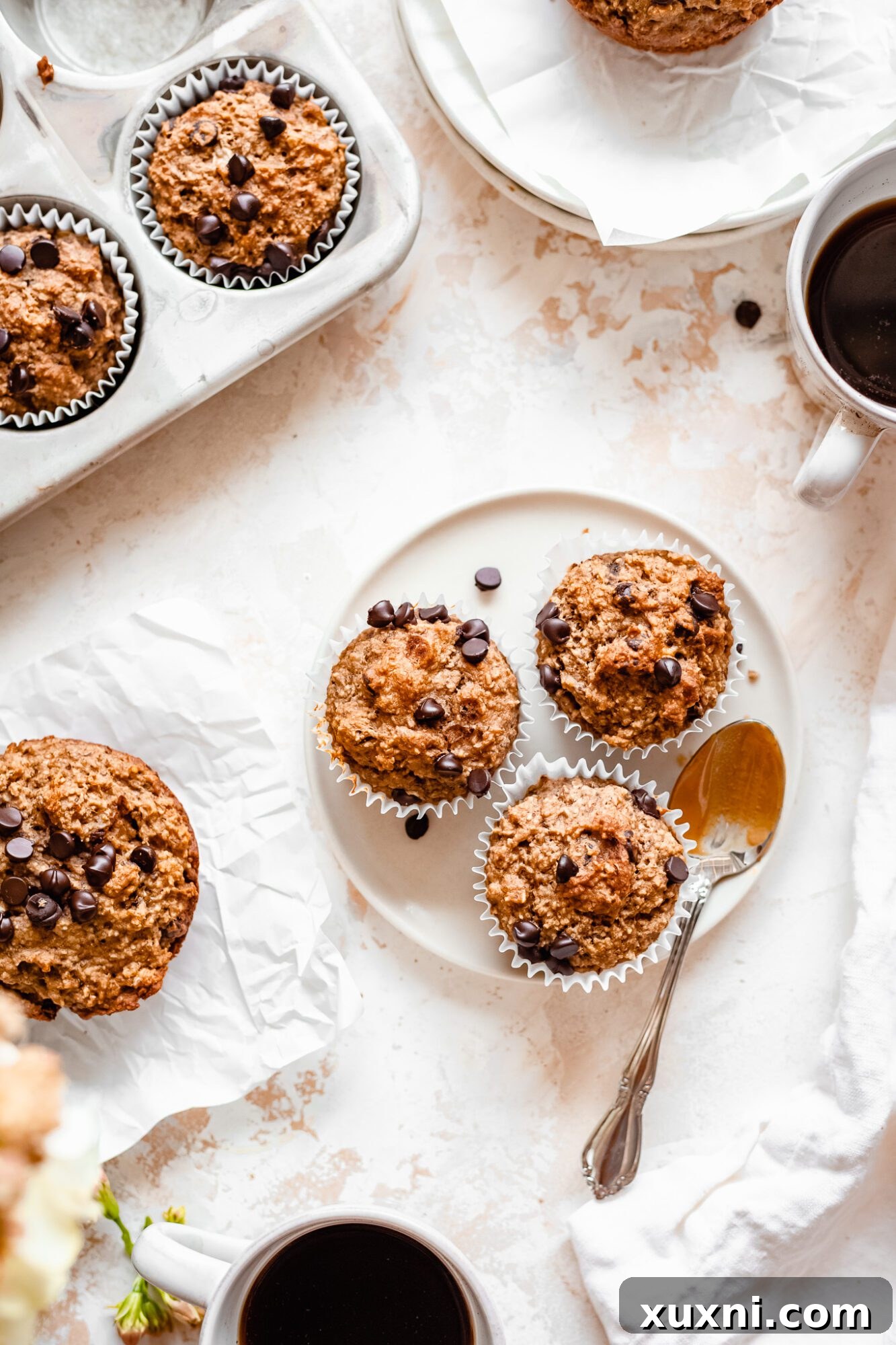 Overhead view of freshly baked peanut butter banana muffins