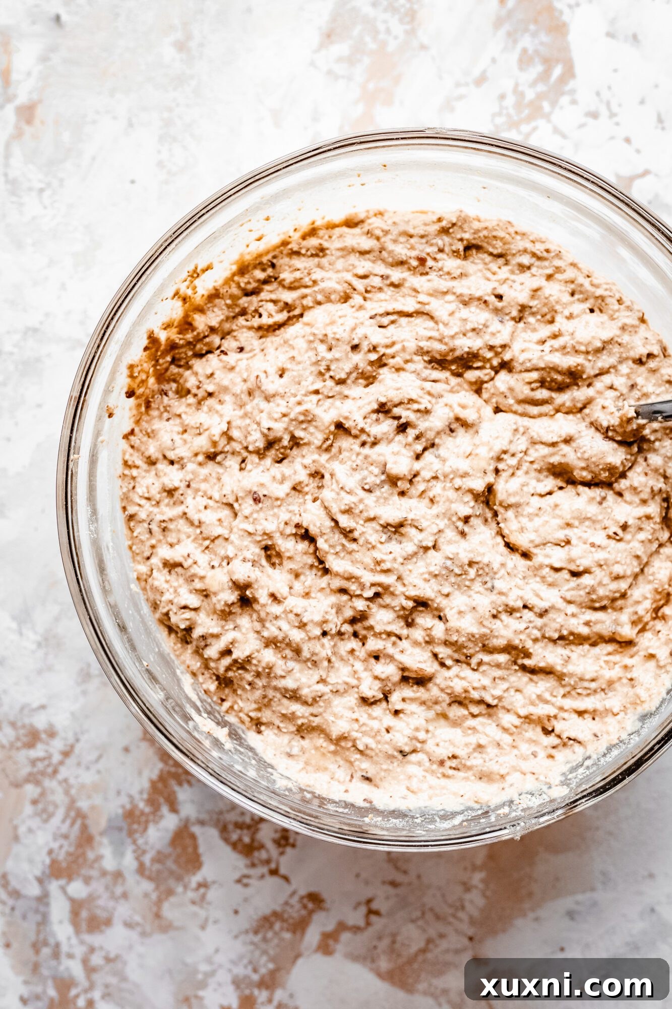 Peanut butter banana muffin batter, ready for chocolate chips