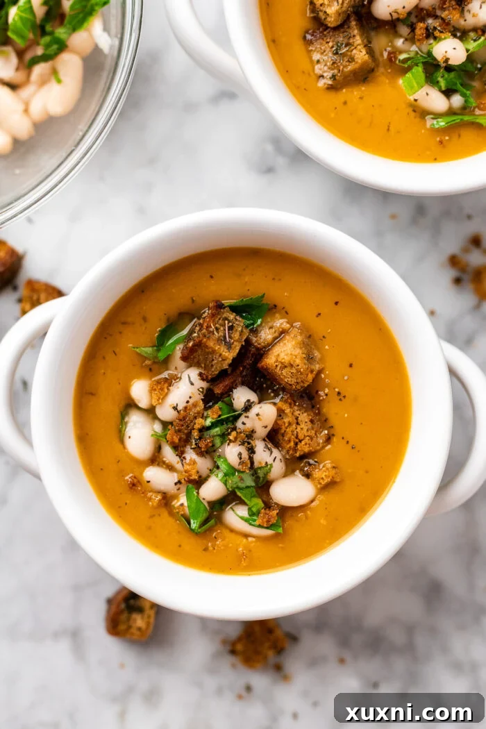 Speedy Silky Vegan Butternut Soup Coconut-Free in 30 Minutes 4 Two bowls of creamy butternut squash soup, topped with croutons and fresh herbs, ready to be enjoyed.