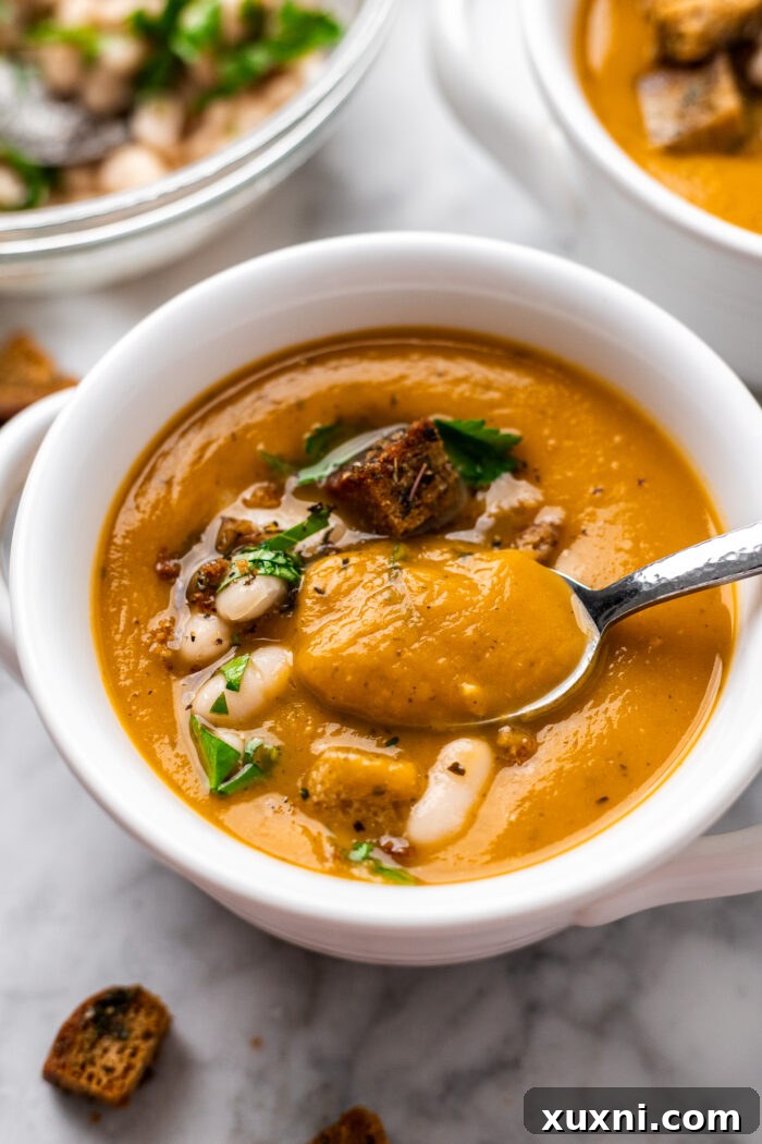 Speedy Silky Vegan Butternut Soup Coconut-Free in 30 Minutes 10 A inviting bowl of vegan butternut squash soup, garnished with a generous amount of crispy croutons, ready to be eaten.