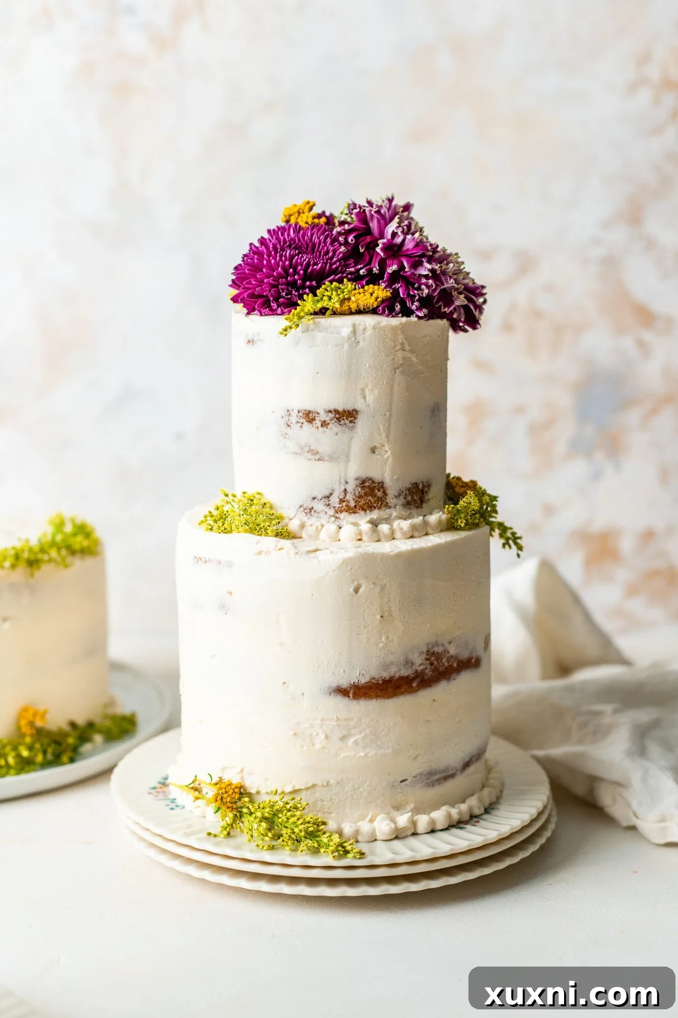 Freshly baked and leveled vegan cake layers waiting to be assembled into a wedding cake