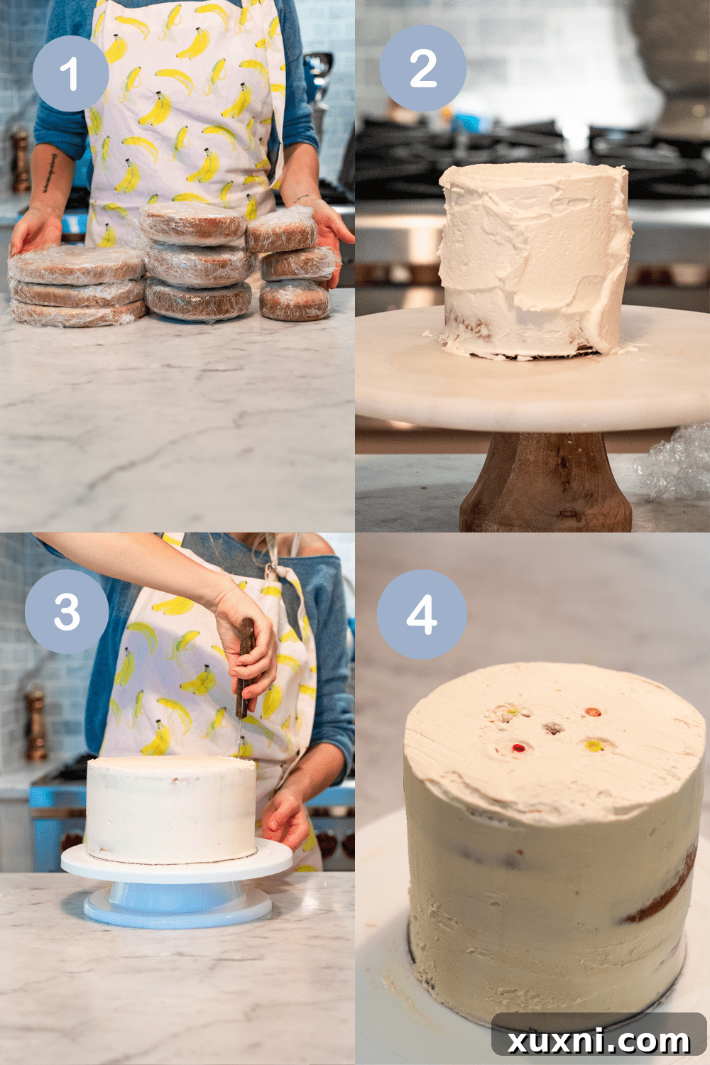 Detailed graphic showing how to make a wedding cake, from baking to assembly