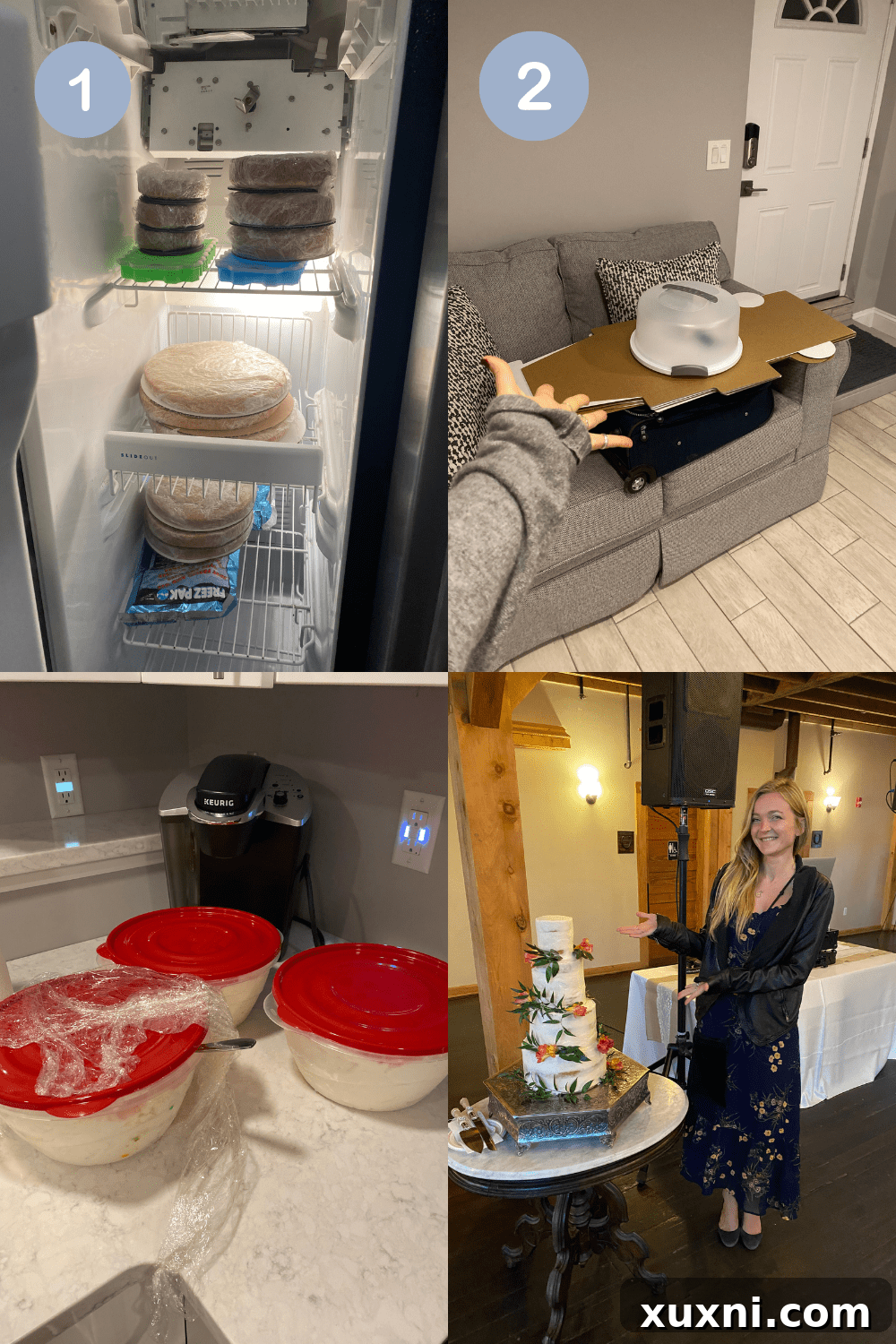 Infographic detailing the timeline and steps for baking a friend's vegan wedding cake