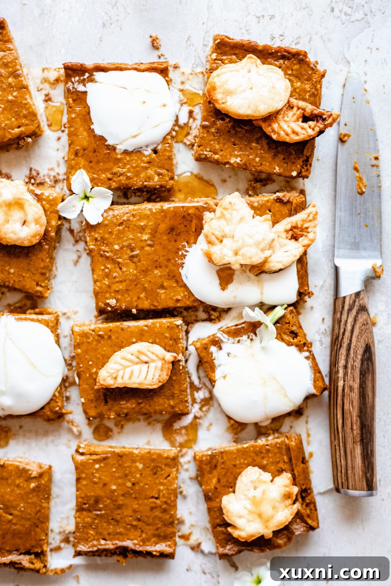 A whole pan of freshly baked pumpkin pie bars, showcasing their smooth, uncracked surface, a perfect healthy fall dessert.