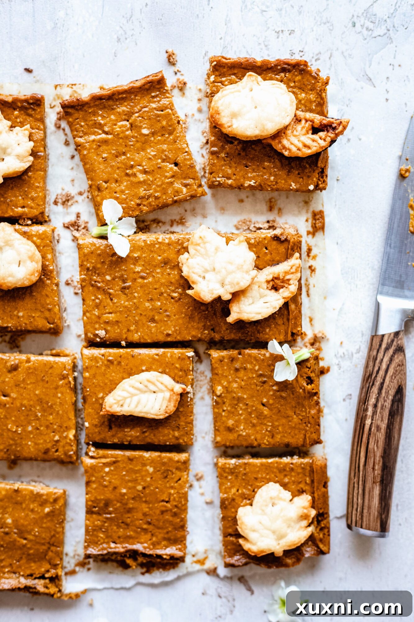 Slices of pumpkin bars interspersed with small, decorative pie crust cut-outs, creating an appealing visual display.