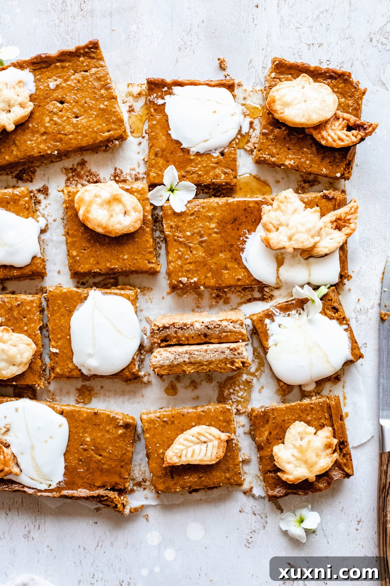 A pan of vegan pumpkin pie bars with one slice removed, highlighting the smooth texture and easy portioning of this dessert.