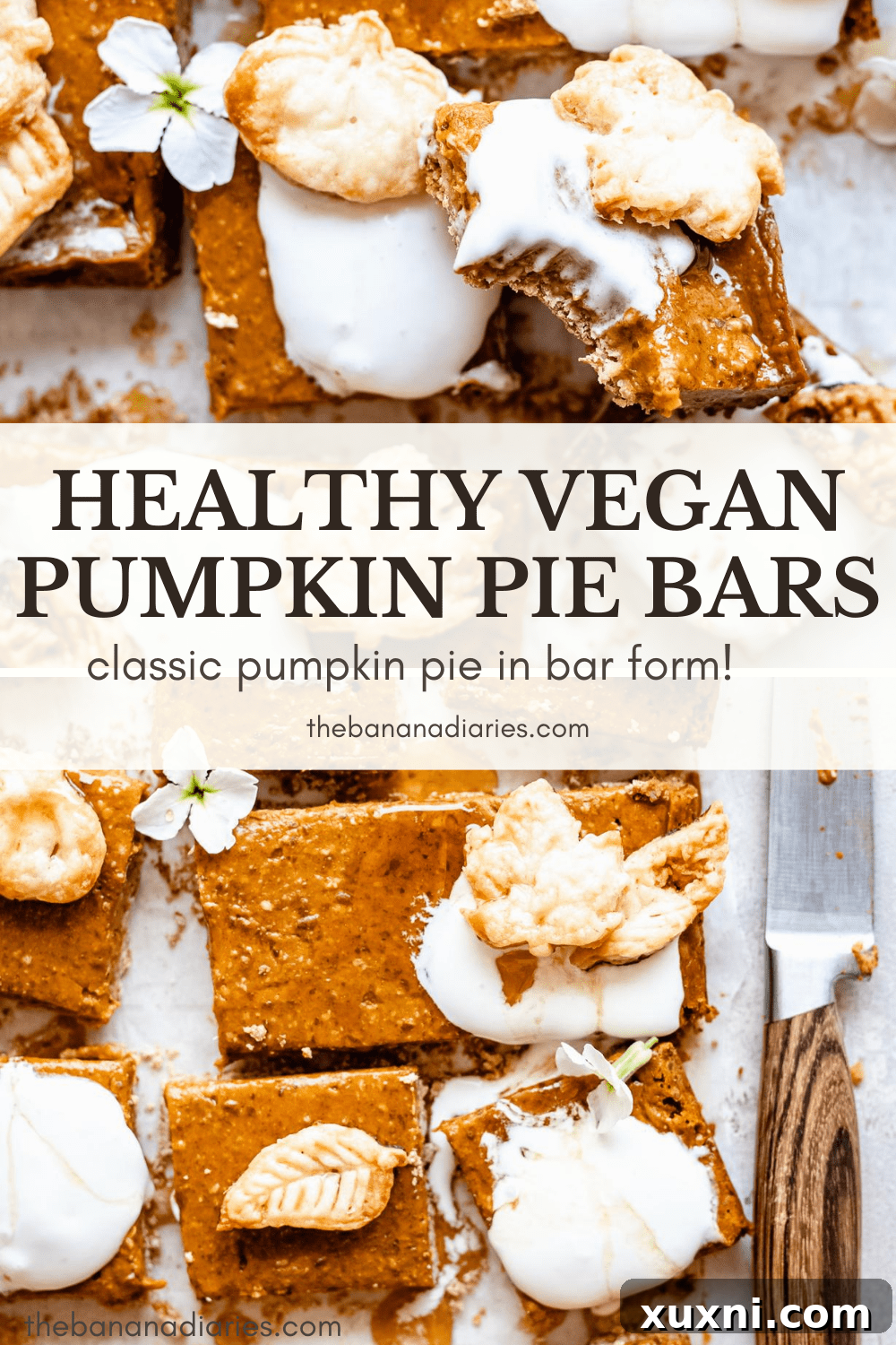 A visually appealing Pinterest image featuring sliced vegan pumpkin pie bars, perfect for saving the recipe for later.