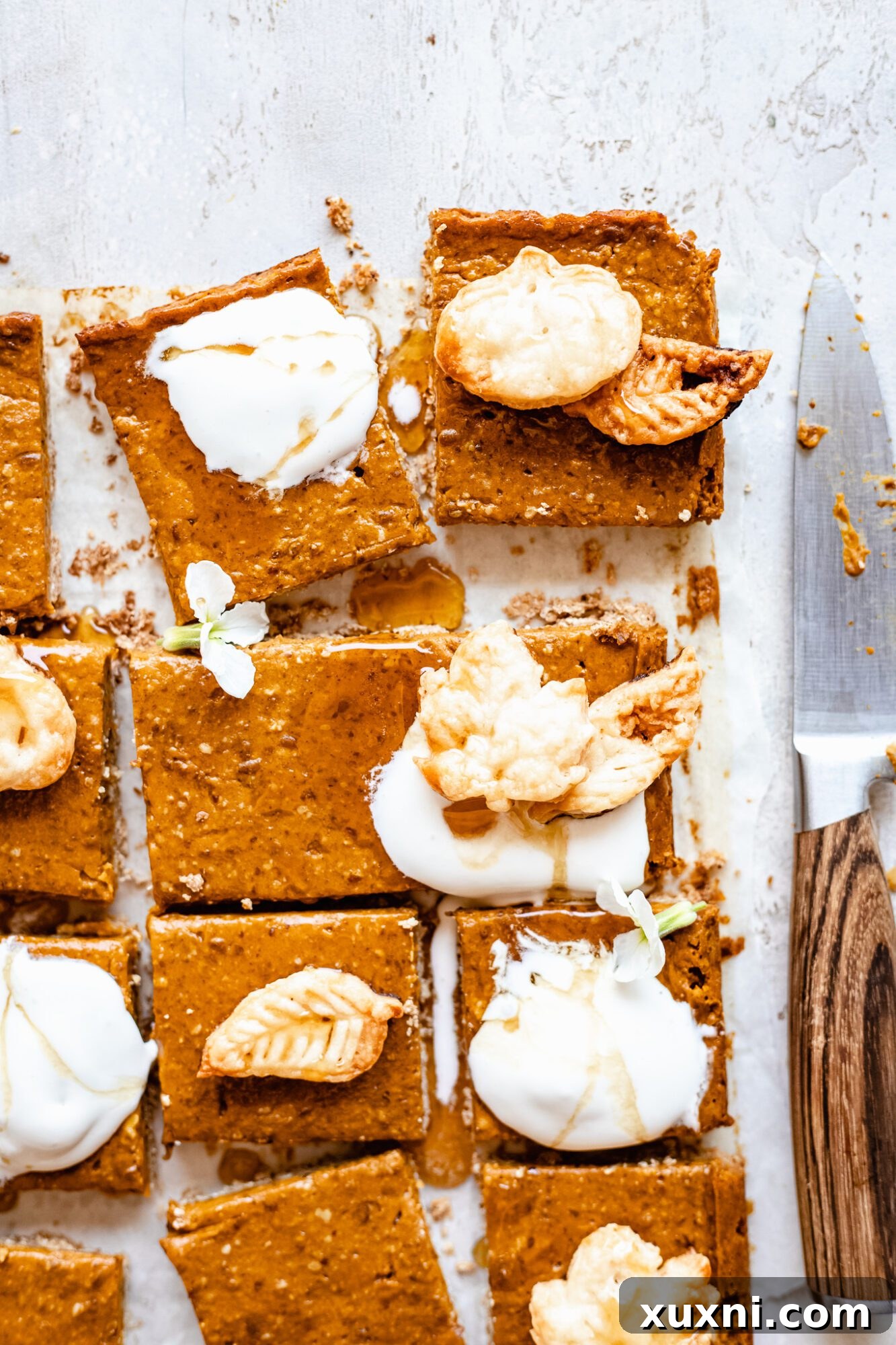 Artfully sliced pumpkin bars arranged on a serving dish, inviting guests to enjoy this wholesome fall dessert.