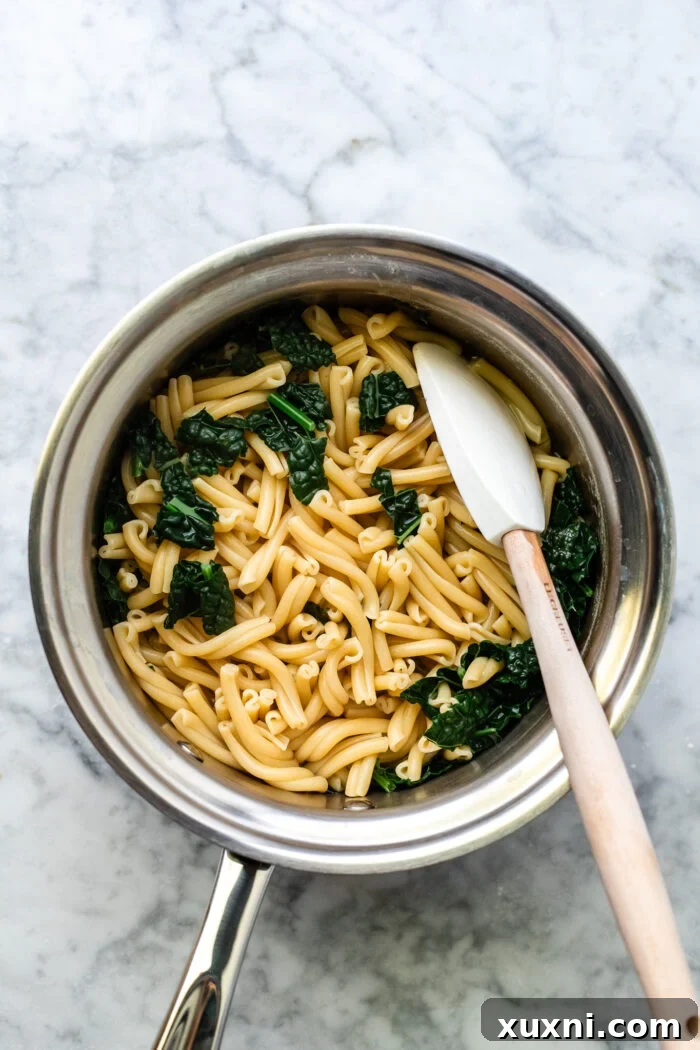 Roasted Butternut Squash Mac and Cheese Dairy Free Delight 7 cooked pasta and kale in a pot