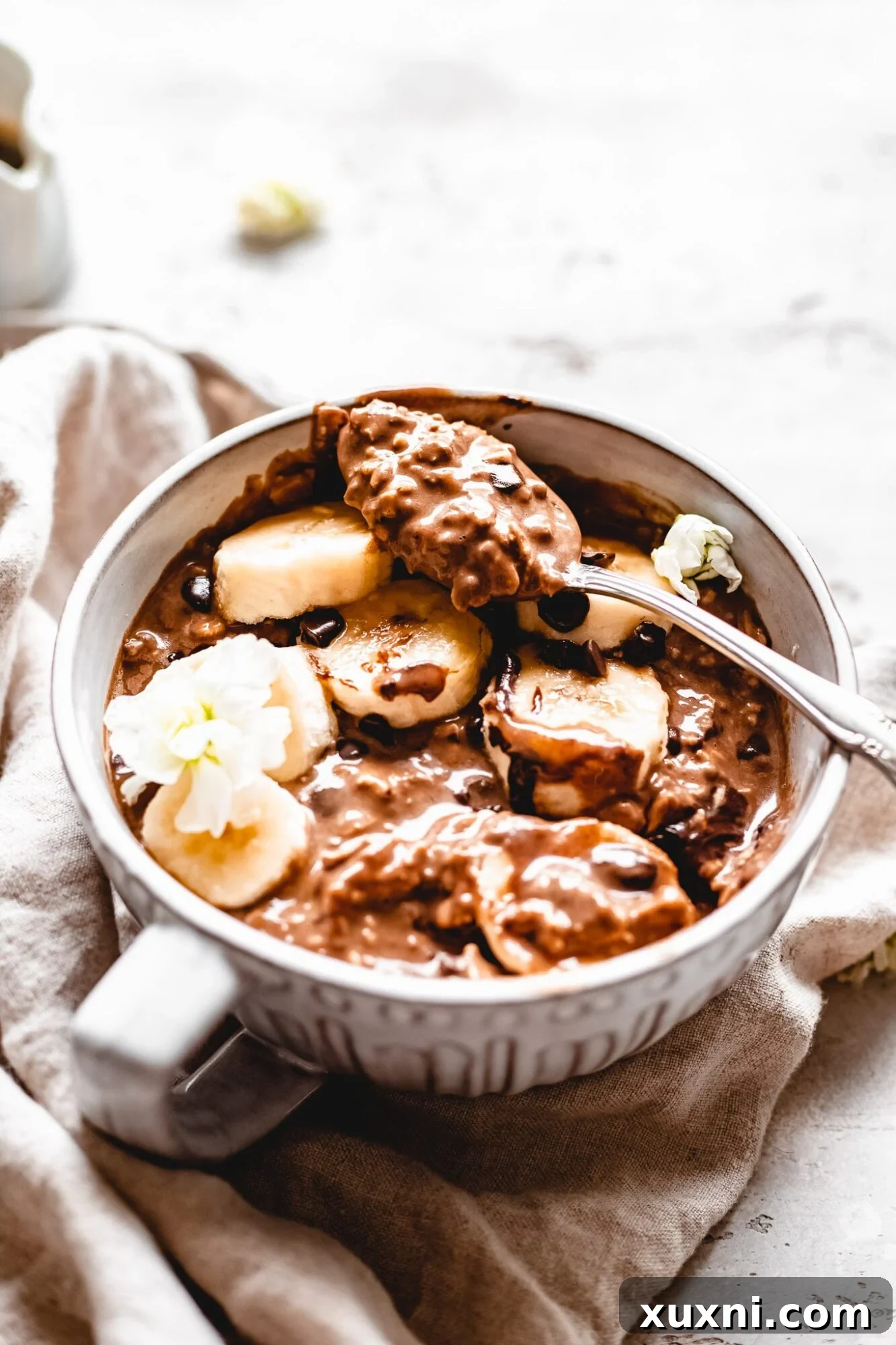 bowl of mocha oatmeal with spoon, garnished with chocolate shavings
