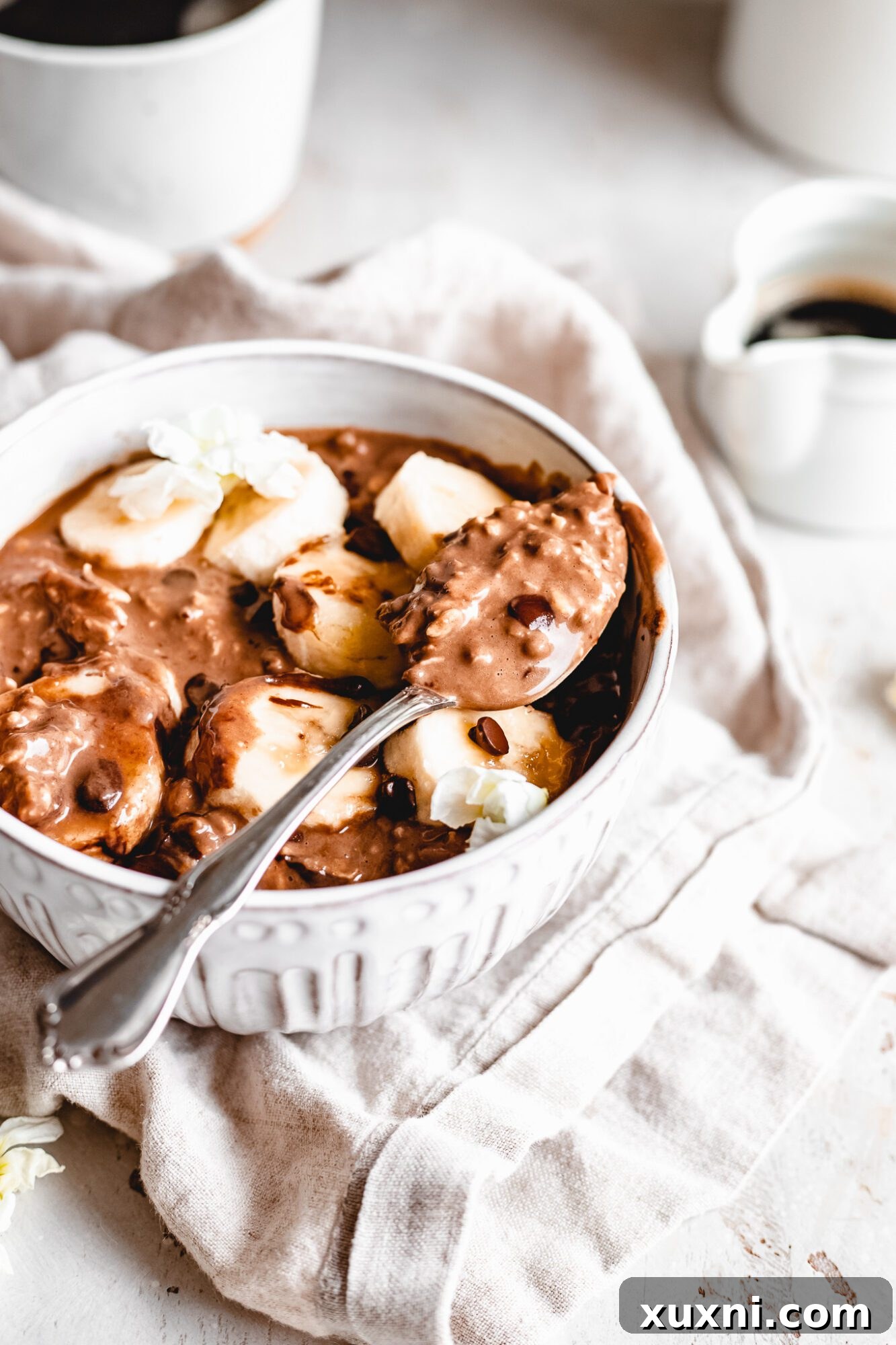 spoonful of chocolate overnight oats with toppings