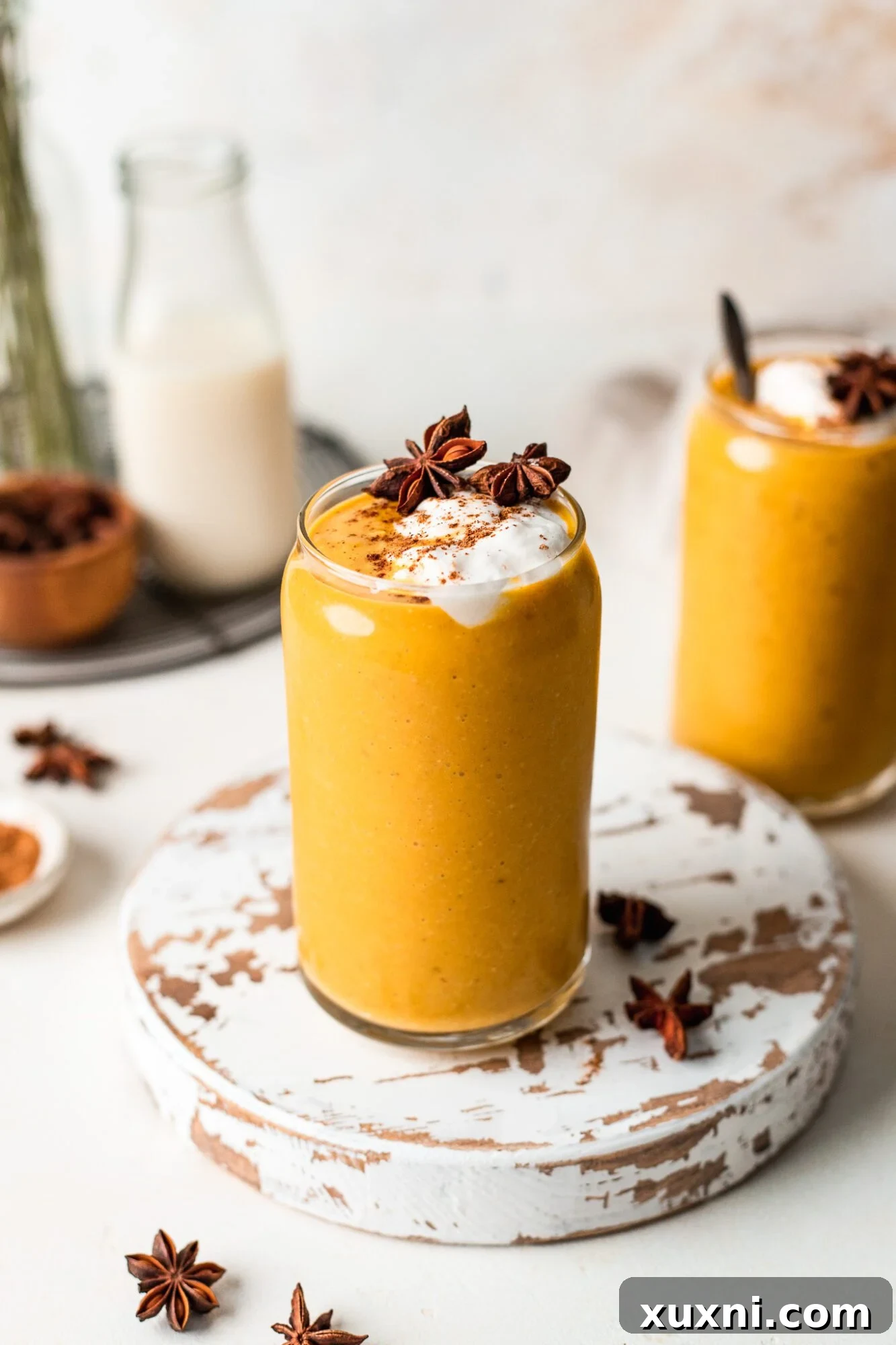 Delicious and nutrient-packed vegan pumpkin pie smoothie with over 20 grams of plant-based protein, perfect for a healthy breakfast.