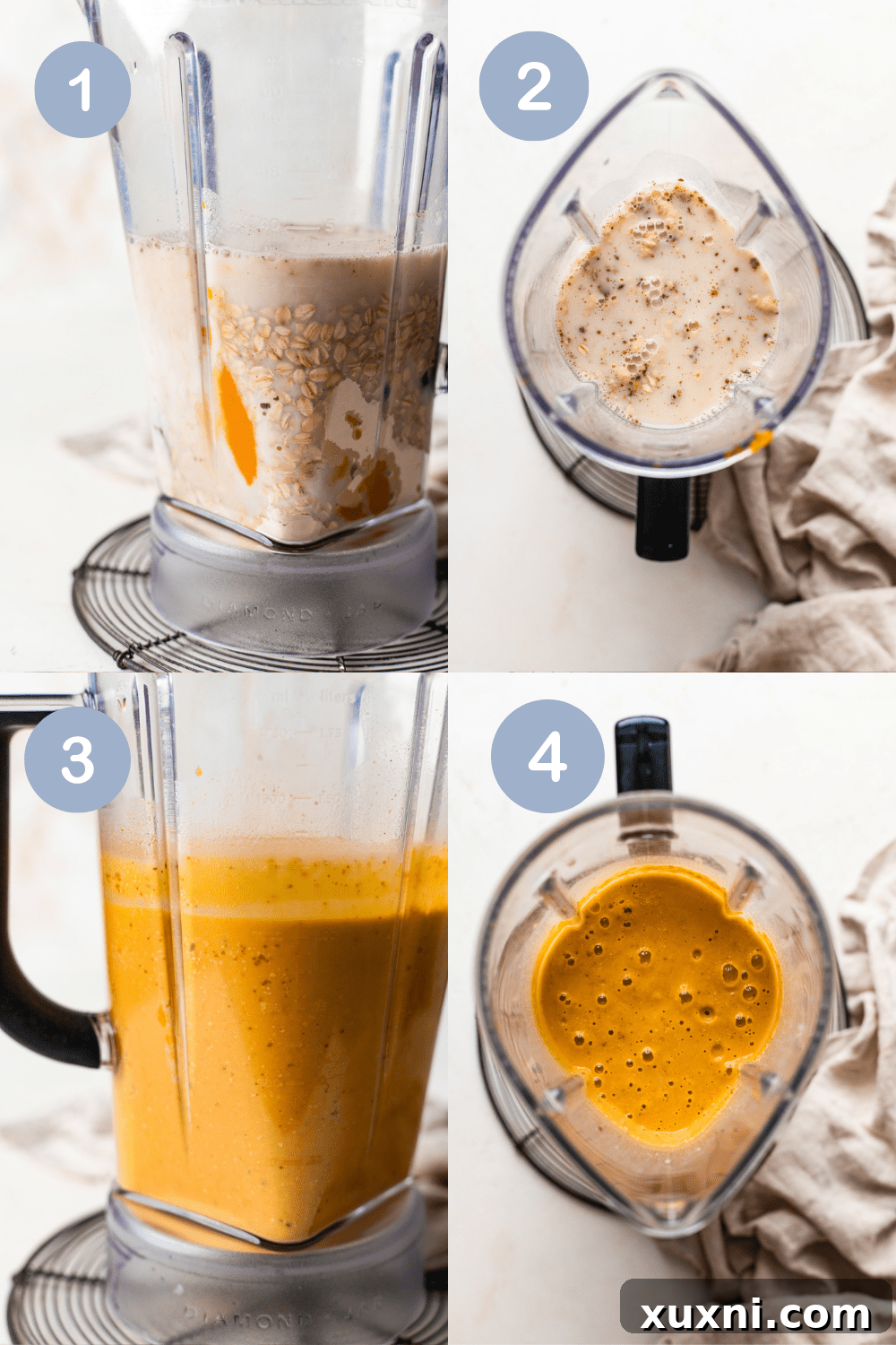 Step-by-step process showing how to make a creamy vegan pumpkin smoothie in a blender.