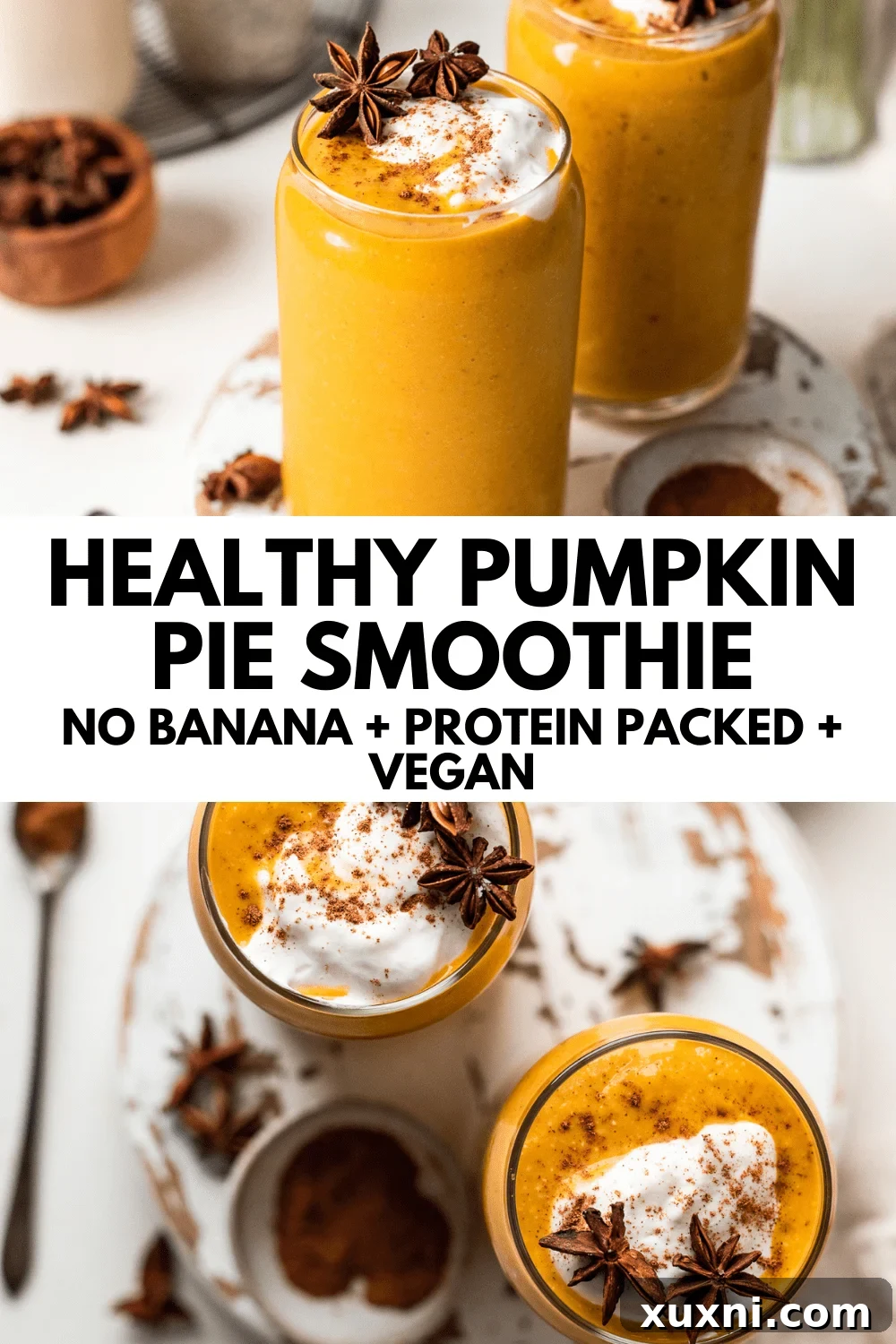 Pin this healthy vegan pumpkin pie smoothie recipe for later, featuring plant-based protein and no banana.