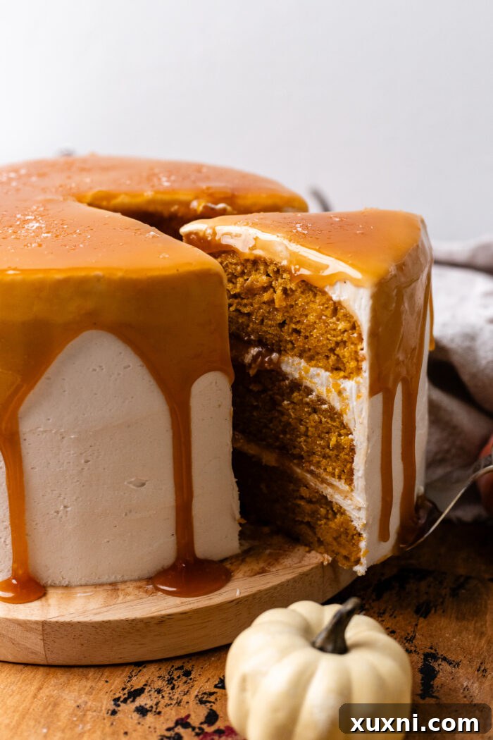 Perfectly sliced vegan pumpkin spice cake, showing multiple layers and a generous amount of frosting.