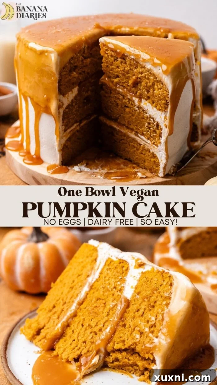 Pinterest pin for One Bowl MOIST Vegan Pumpkin Cake with Vegan Cream Cheese Frosting, featuring a beautifully frosted cake slice.