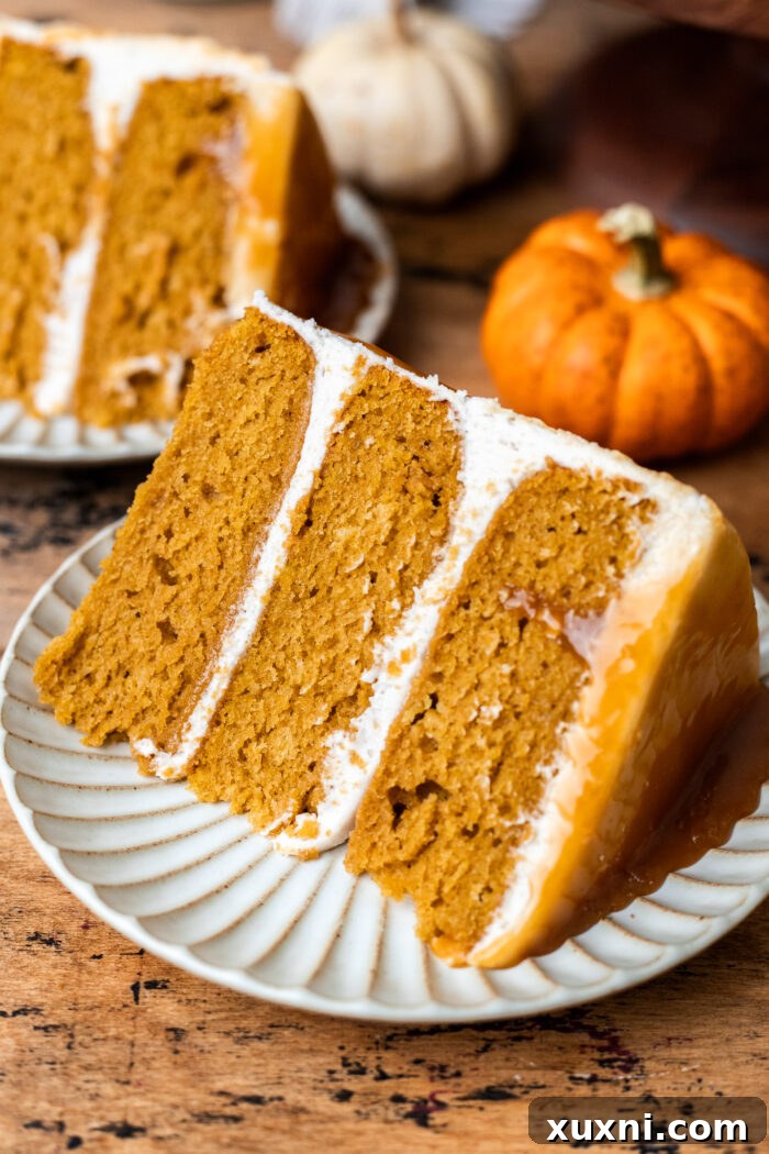 Sliced vegan pumpkin cake showing its moist texture and distinct layers.