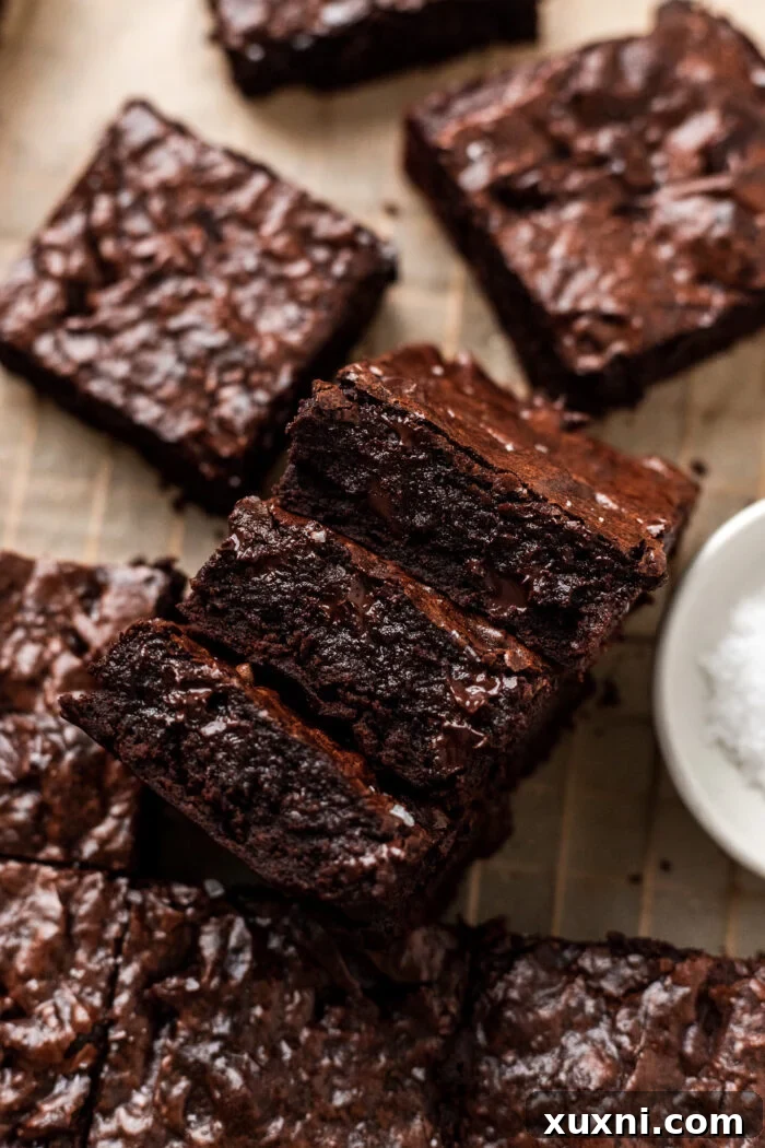 Perfectly sliced fudgy vegan brownies with shiny crinkle tops, ready to be enjoyed.