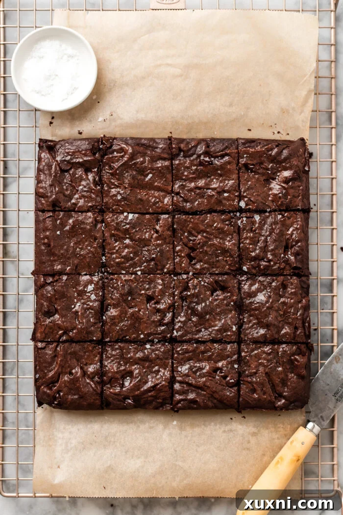 Beautifully sliced vegan brownies, showcasing their rich, fudgy texture and shiny tops.