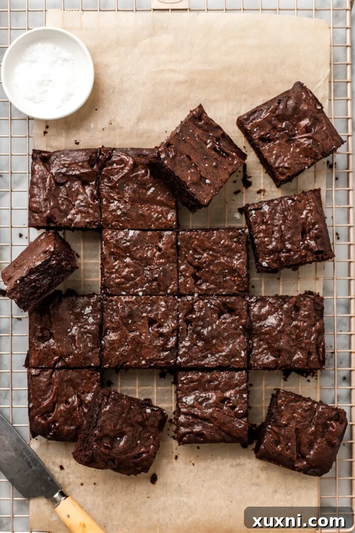 A close-up of a single delicious vegan brownie square, inviting you to enjoy its chocolatey goodness.