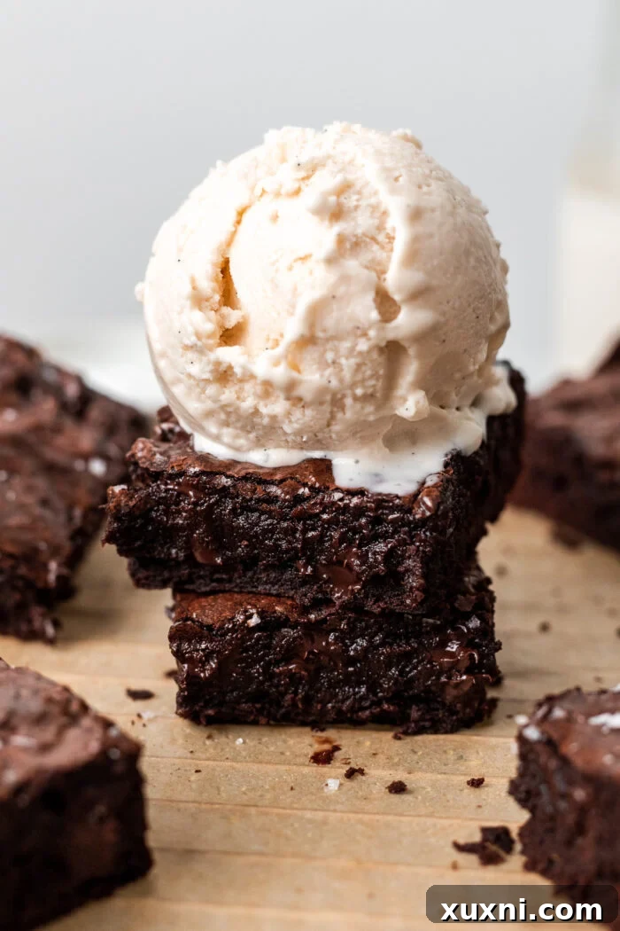 Stacked fudgy vegan brownies served with a scoop of creamy vanilla vegan ice cream, a perfect dessert combination.