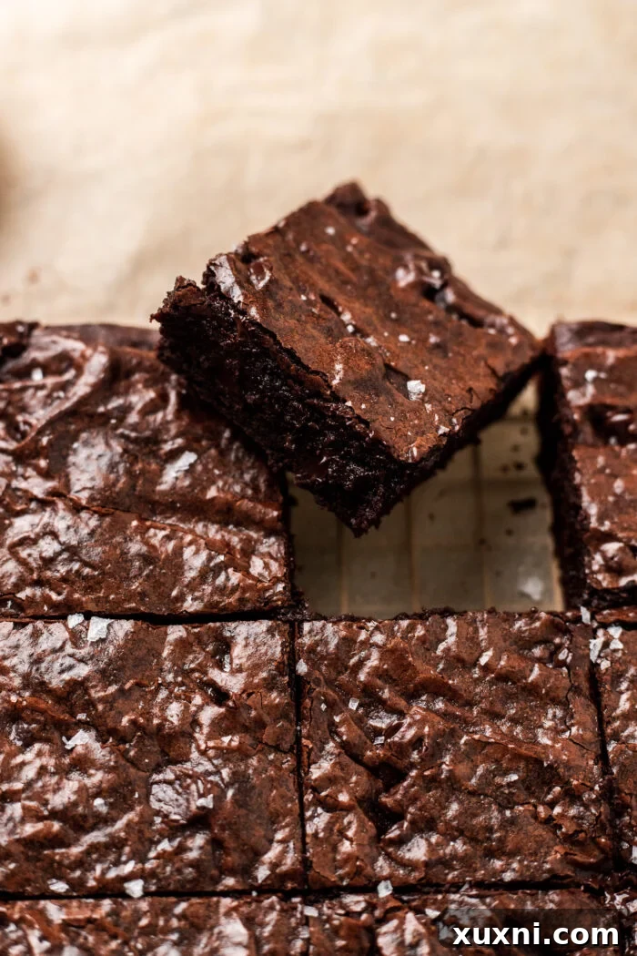 A perfectly baked, fudgy vegan brownie being lifted from the pan, showcasing its rich texture.