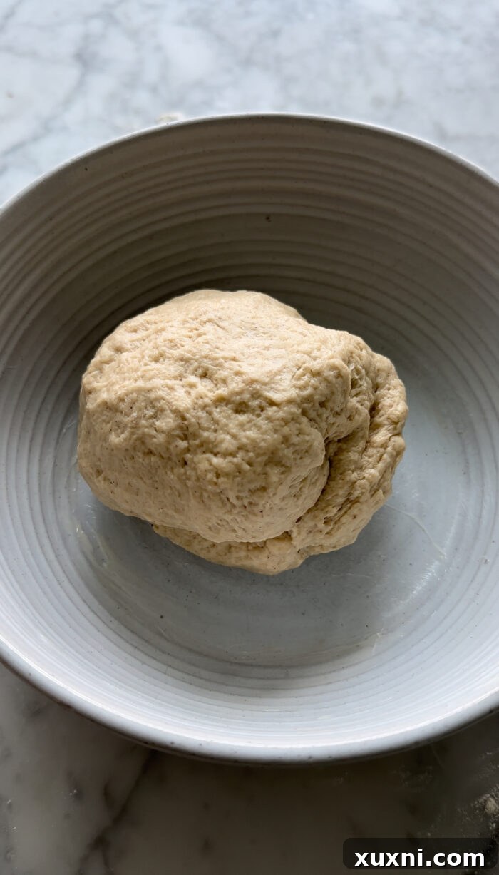 Cinnamon roll dough resting in a bowl, before its first rise, ready for transformation.