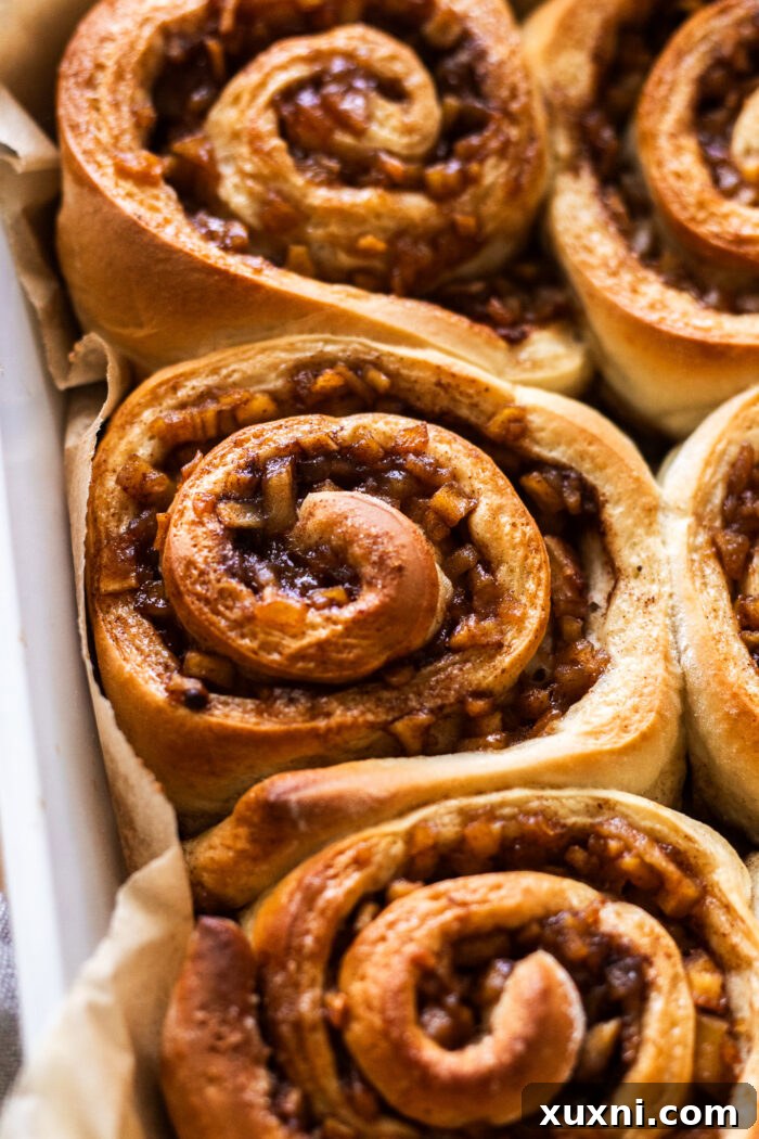 A close-up of baked apple cinnamon rolls, showing their soft texture and caramelized edges.
