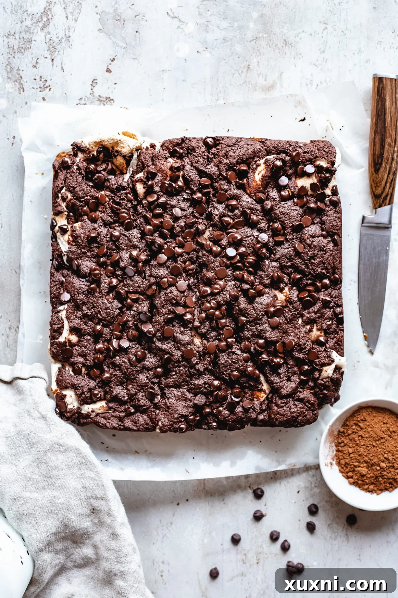 Vegan Smores Brownie Cookie Recipe 11 baked vegan s'mores brookies in the pan, ready for cooling and slicing