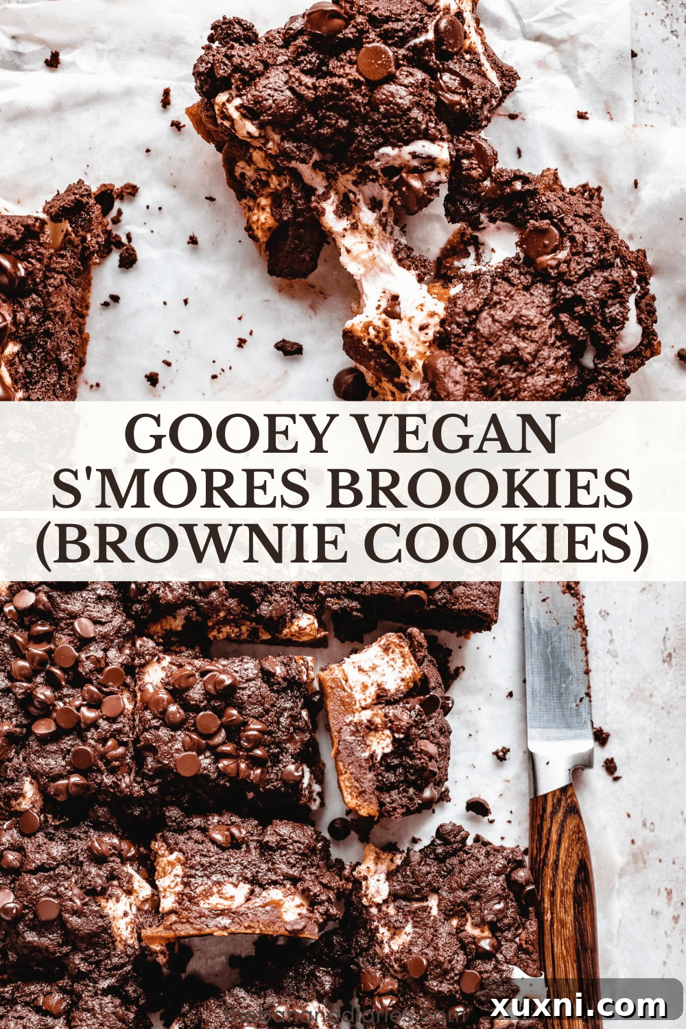 Vegan Smores Brownie Cookie Recipe 14 pinterest image for vegan brookie recipe, featuring a close-up of the delicious layered dessert