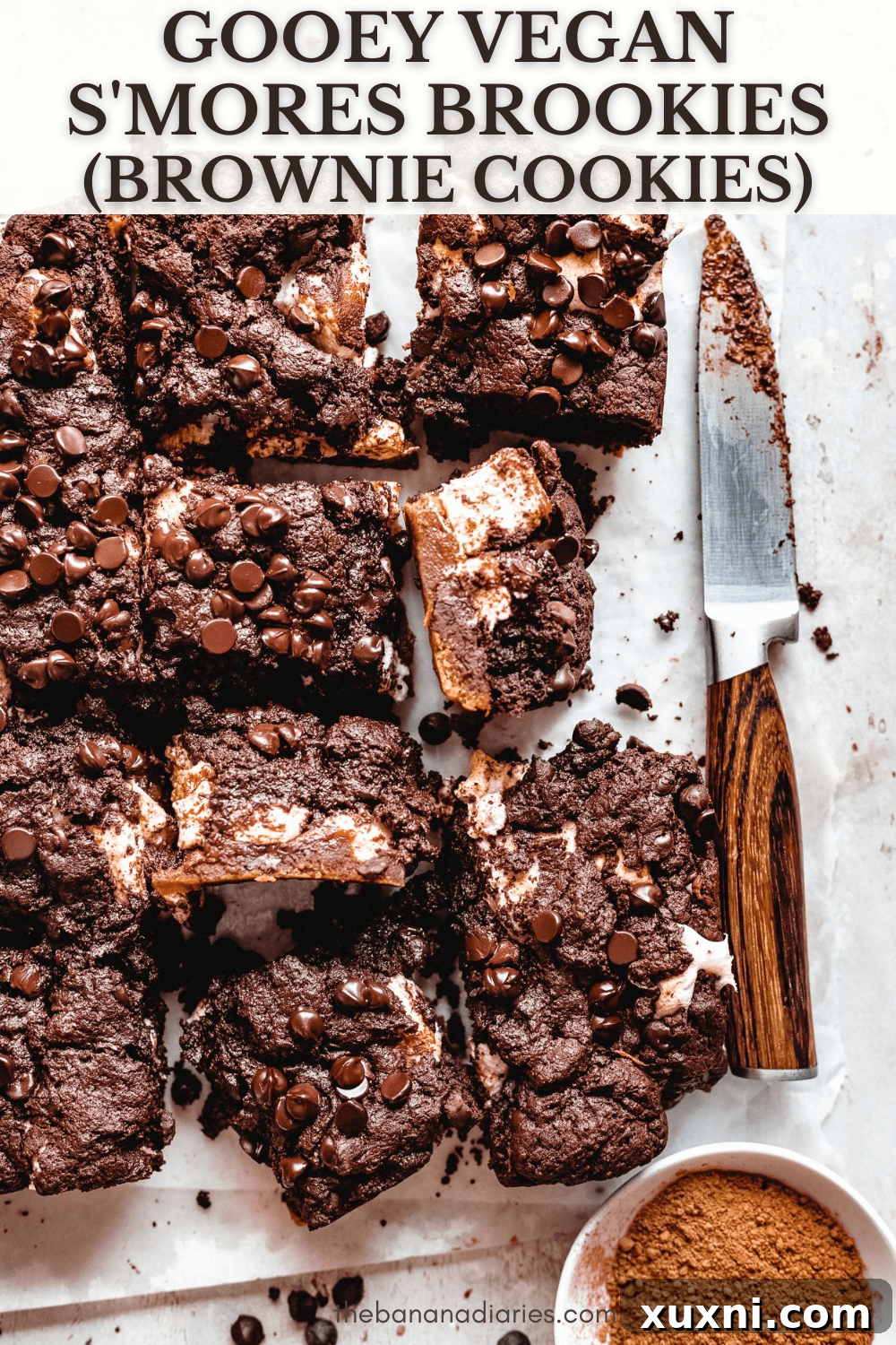 Vegan Smores Brownie Cookie Recipe 16 pinterest image for vegan brookie recipe, showing a close-up of the delicious layered dessert