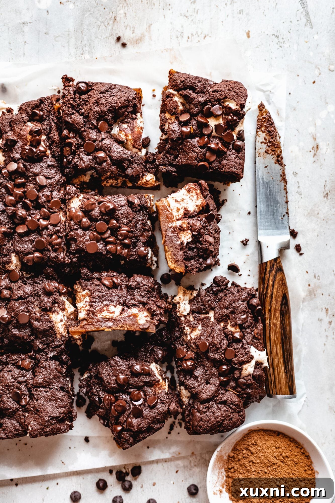 Vegan Smores Brownie Cookie Recipe 5 sliced vegan s'mores brookies with a distinct gooey marshmallow layer
