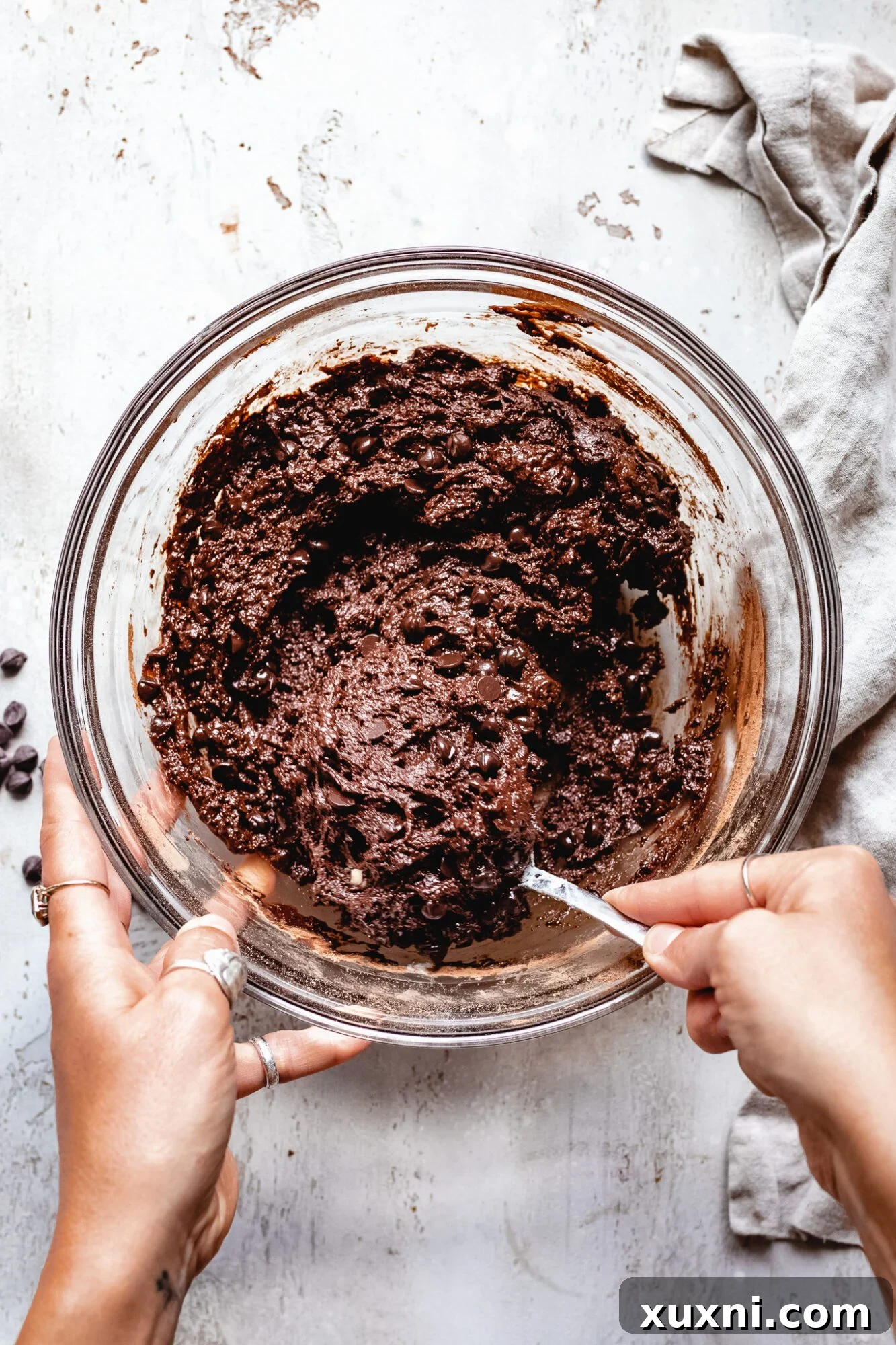 Vegan Smores Brownie Cookie Recipe 9 vegan brownie batter being mixed in a bowl, ready to be spread