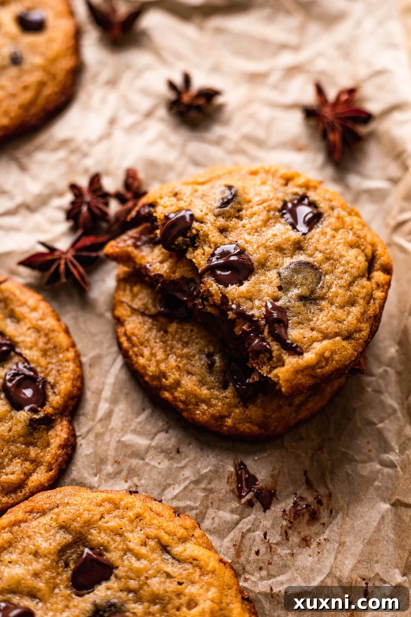 stacked vegan chocolate chip cookies