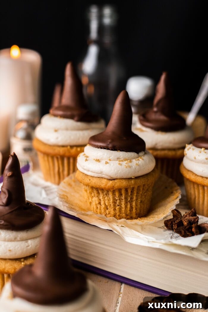 sorting hat cupcakes on a stack of books