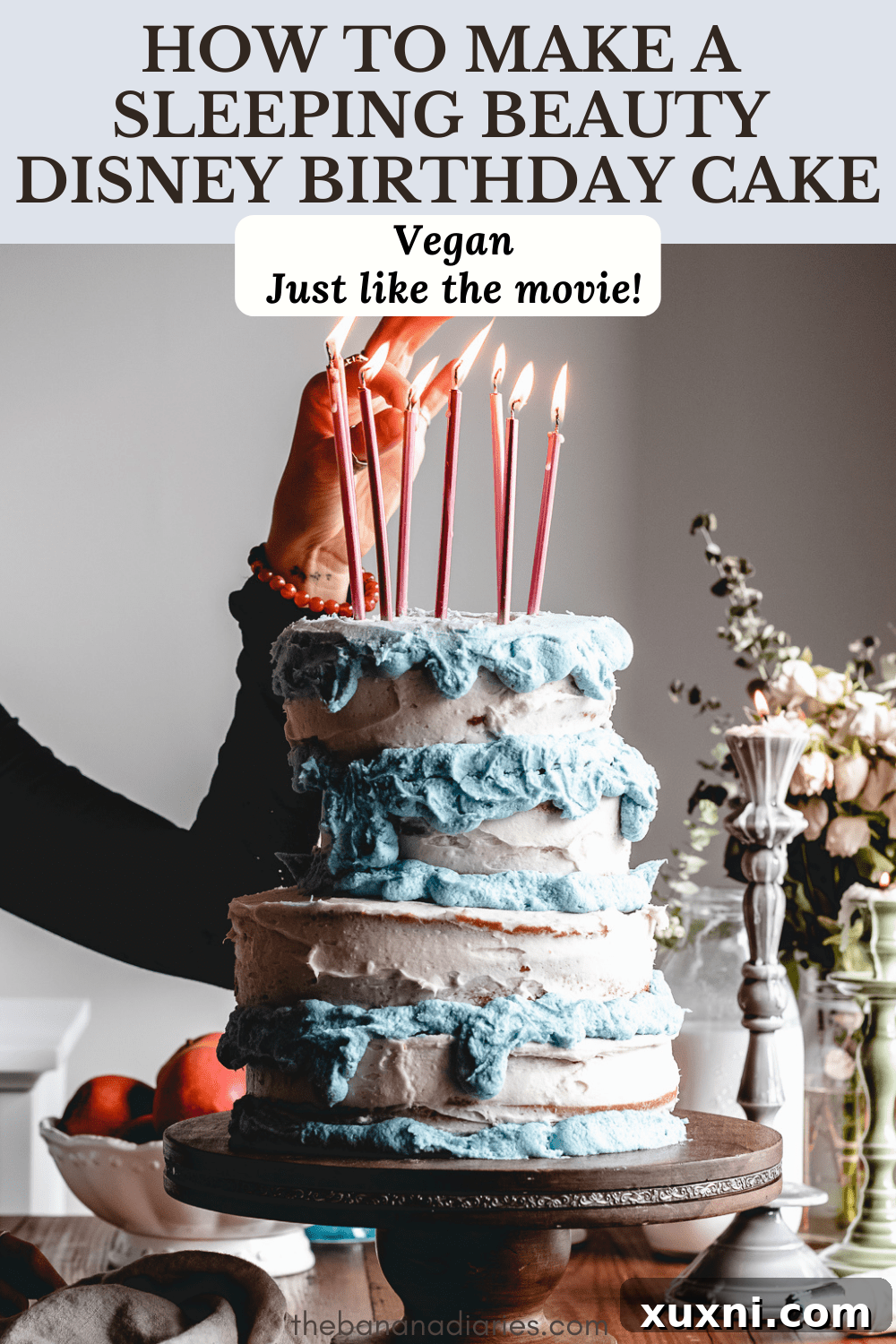 A Pinterest-optimized image showcasing the step-by-step process of how to make a vegan Sleeping Beauty birthday cake, with text overlay.