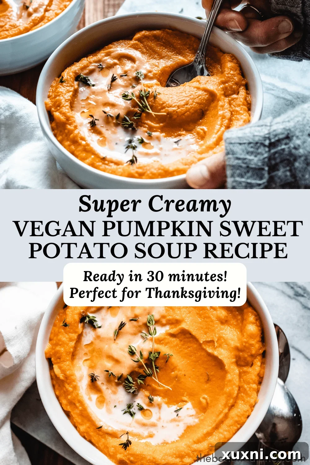 A beautifully arranged Pinterest image featuring a bowl of vegan pumpkin sweet potato soup with text overlay, encouraging saving the recipe.